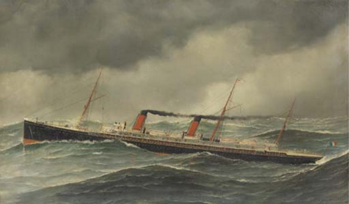 The French liner La Touraine in heavy seas., 1894, Antonio Jacobsen