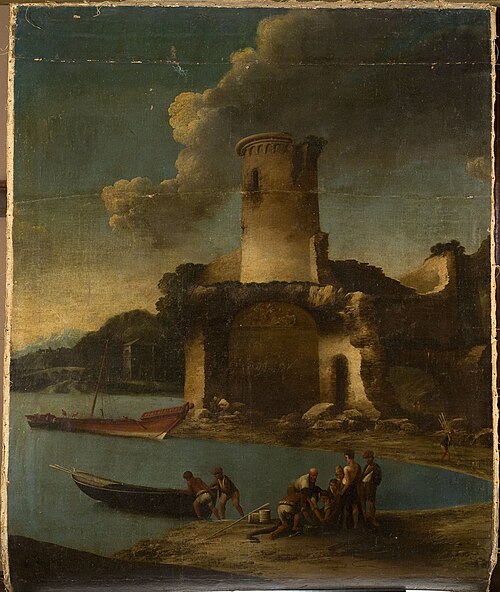 Landscape with fishermen and a tower, , Antonio Travi