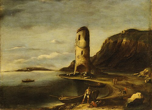 Coastal landscape with tower, boats and figures, 1650, Antonio Travi