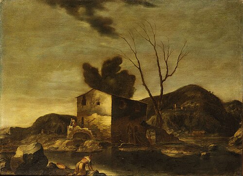 Bucolic landscape with washerwomen, 1650, Antonio Travi