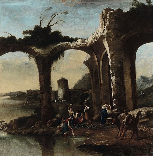 Landscape with ruins and washerwomen, 1650, Antonio Travi