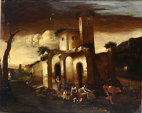 Landscape with ruins, washerwomen and a herder, 1650, Antonio Travi