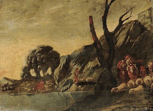Shepherds with their flock in a landscape, 1650, Antonio Travi
