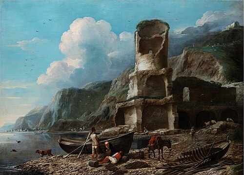 Coastal landscape with ruined tower and fishermen, 1650, Antonio Travi