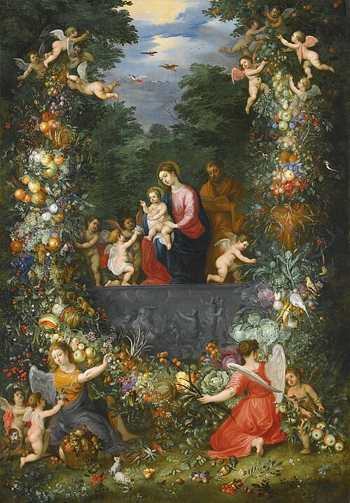 The Holy Family with angels, surrounded with a flower garland in a wooded landscape, 1630, Jan Brueghel le Jeune