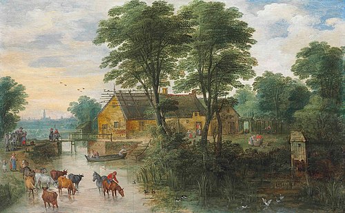 River landscape with cottages and cattle, Antwerp in the distance, 1630, Jan Brueghel le Jeune