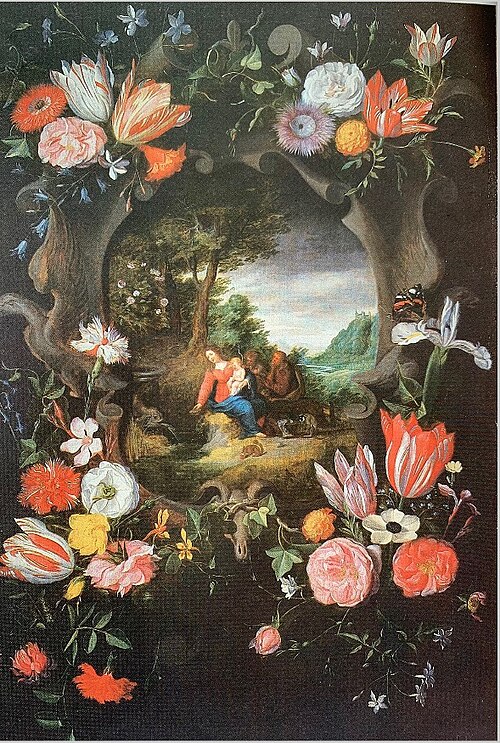 Flower garland around the Holy family in a landscape, 1650, Jan Brueghel le Jeune