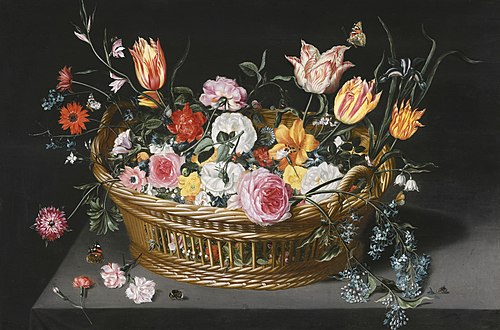 Still Life of Flowers in a Basket on a Stone Ledge, 1630, Jan Brueghel le Jeune