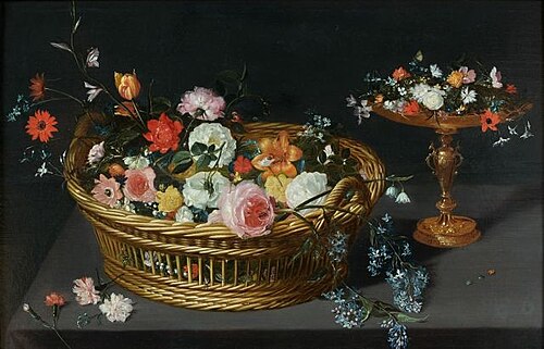 Corbeille de fleurs et coupe en vermeil sur un entablement, 1630, Jan Brueghel le Jeune