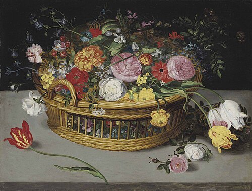 Roses, tulips, bluebells and carnations in a wicker basket on a stone ledge, , Jan Brueghel le Jeune