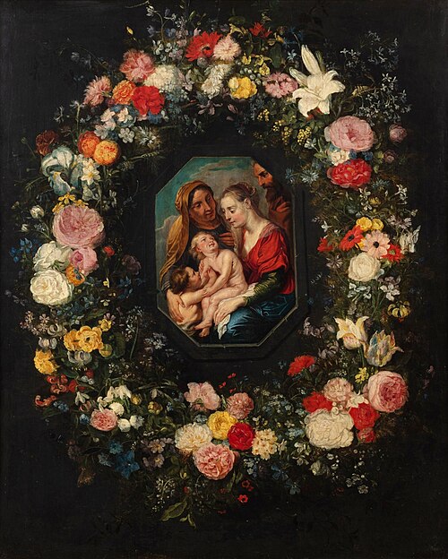 Virgin and Child with Saints Anne and John in a garland of flowers, 1625, Jan Brueghel le Jeune