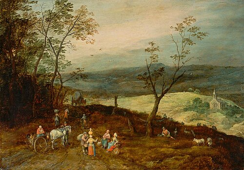 Weite hügelige Landschaft mit Rast auf der Landstraße, 1620, Jan Brueghel le Jeune