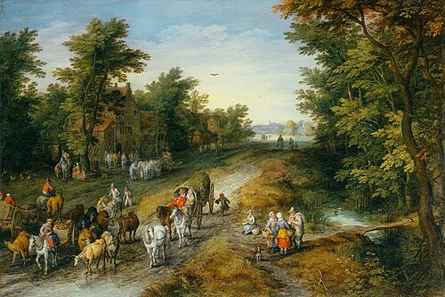 Landstrasse mit Reisenden und Wirtshaus, 1611, Jan Brueghel the Younger