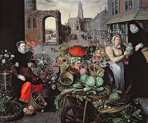 Flower Market and vegetables, in 1590, 1550, Arnout de Muyser