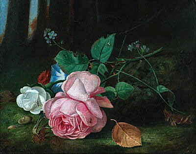 Roses with convolvuli and a sprig of forget-me-nots on a mossy bank, , Arthur Chaplin