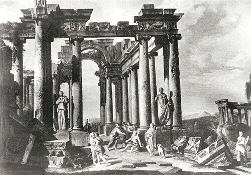 La découverte de Bélisaire dans des ruines antiques., 1725, Giovanni Paolo Panini