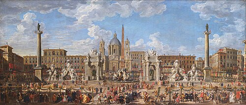 Préparation du feu d'artifice et de la décoration de la fête donnée sur la place Navone, à Rome, le , 1729, Giovanni Paolo Panini