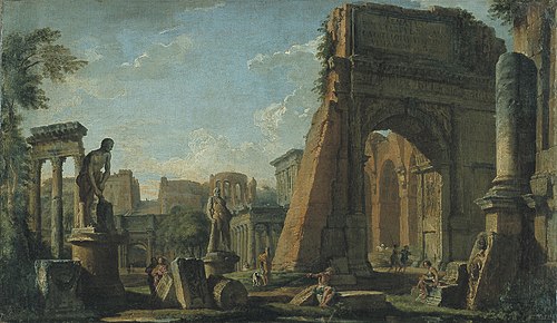 Roman Ruins in landscape with monumental statues and posing figures, 1717, Giovanni Paolo Panini