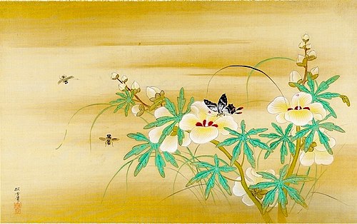 White Tree Hibiscus with Black Butterfly and Bees, 1683, Kanō Tansetsu