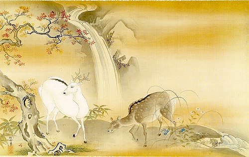 Black-and-White Deer Under Maple Tree by a Waterfall, 1683, Kanō Tansetsu