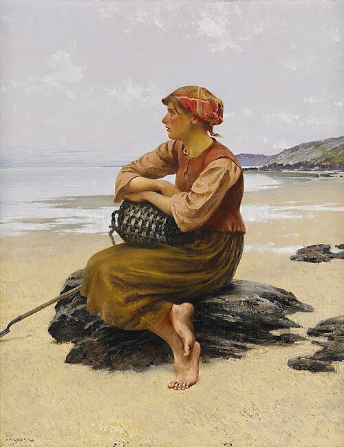Sittande ostronplockerska på stranden, , August Hagborg