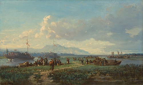 Tanka boat people and junks on a canal in the province of Canton, , Auguste Borget