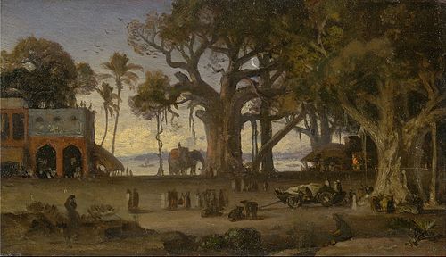 Moonlit Scene of Indian Figures and Elephants among Banyan Trees, Upper India (probably Lucknow), 1787, Auguste Borget