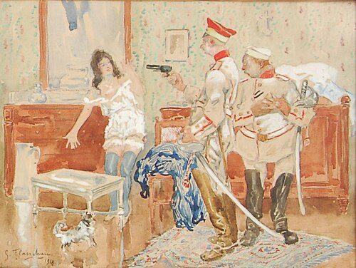Policemen in a room, one pointing a gun at a woman, 1917, Auguste Levêque