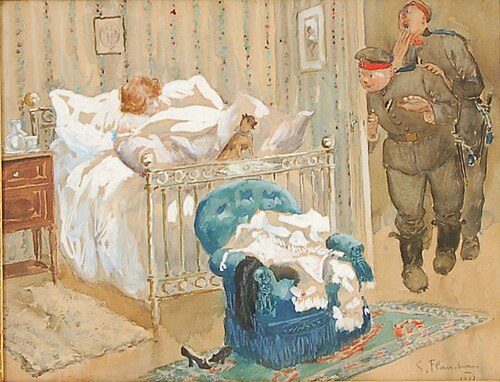 Policemen peeping into a room with a woman in bed, 1917, Auguste Levêque