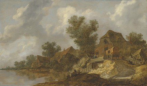 A river landscape with a ferry and fisherfolk, a carriage on a bridge near houses to the right, 1660, Pieter de Molyn