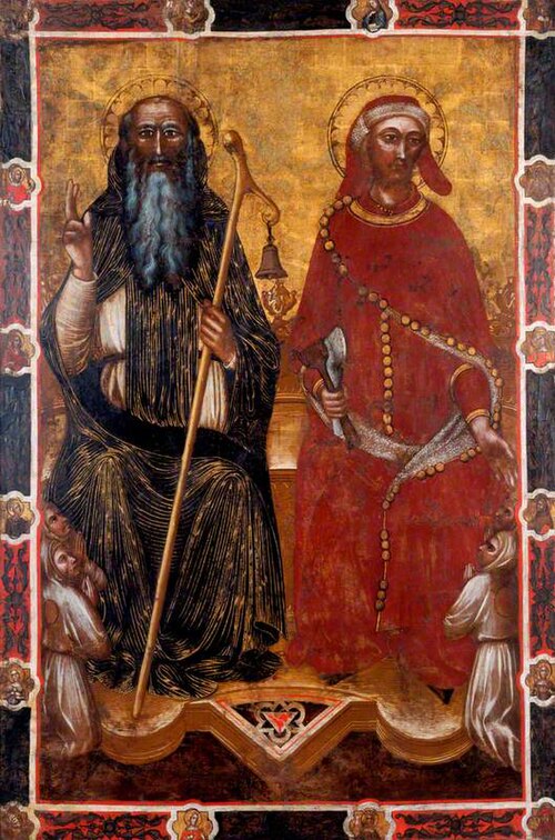 Saint Anthony Abbot and Saint Eligius with Two Pairs of Kneeling Worshippers (one side of a processi, 1370, Spinello Aretino