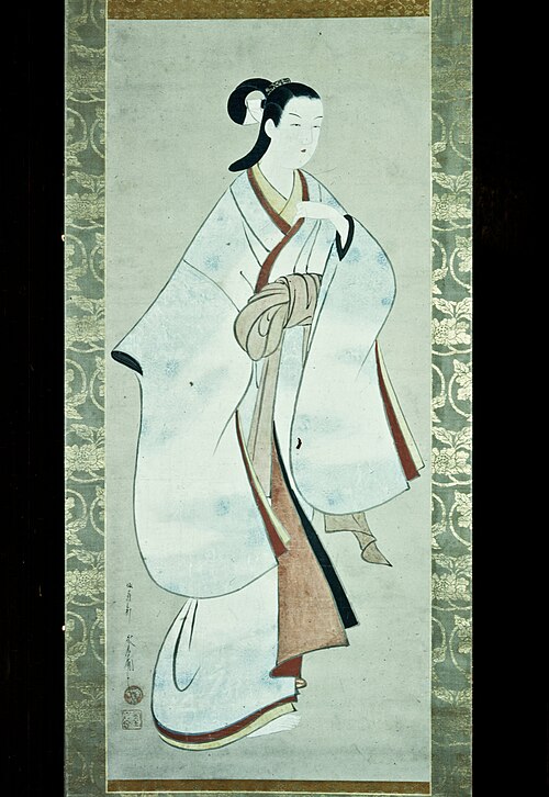 Standing prostitute wearing a kimono decorated with chrysanthemums and calligraphy, 1725, Baiōken Eishun