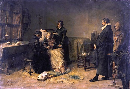 Cervantes en sus últimos días escribe la dedicatoria del Quijote al conde de Lemos, 1883, Eugenio Oliva