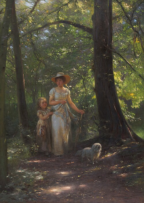 Dame mit Hündchen im Buchenwald, , Johann Friedrich Engel