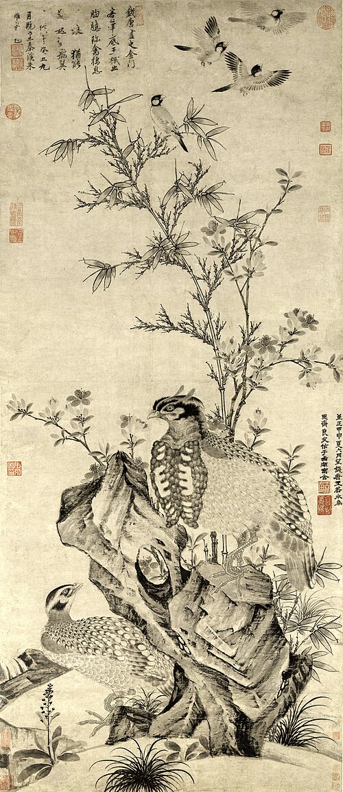 元  王渊  竹石集禽图轴, 1344, Wang Yuan