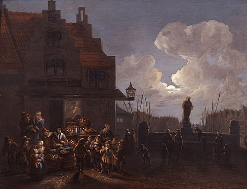 Stadsgezicht Rotterdam, fruitmarkt bij kaars- en maanlicht, met standbeeld Erasmus, 1650, Cornelis Snellinck
