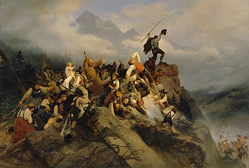 Pater Joachim Haspinger unter den kämpfenden Bauern, 1842, Mathias Artaria