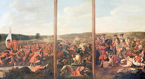 A Triptych of Scenes from the Battle of Blenheim, 1704: (1) The Attack of the Village (2) A Brigade , 1712, Louis Laguerre