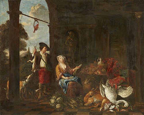 Hunter and maid by a palace, 1705, Bernaert de Bridt