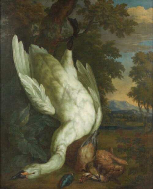 Hunting trophy with a white swan, jays and a martin, 1705, Bernaert de Bridt