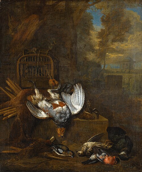 Hunting still life with a dead pheasant and songbirds in a landscape, 1705, Bernaert de Bridt