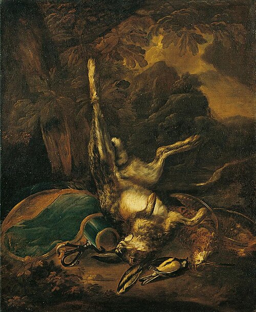Hunting still life of dead game in a landscape, 1699, Bernaert de Bridt