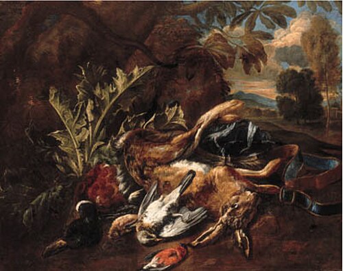 Hunting still life with a hare, a mallard and songbirds in a landscape, 1705, Bernaert de Bridt