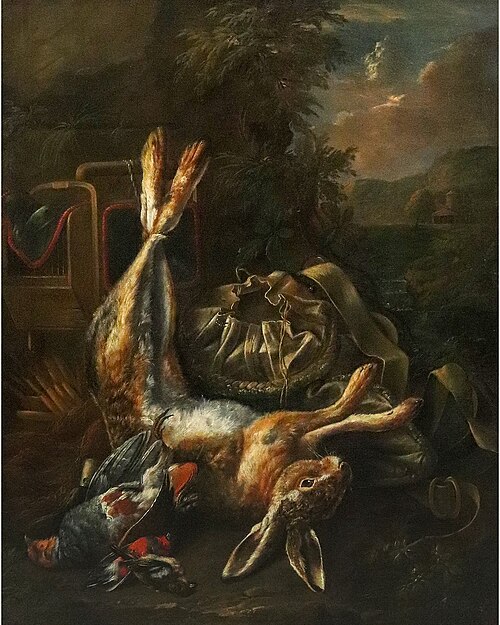 Hunting still life of hung hare and other game, 1705, Bernaert de Bridt