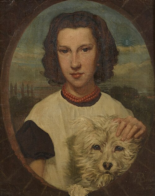 Portret van Angeline Bogaert met hond, op de achtergrond een landschap, , Amédée Bourson