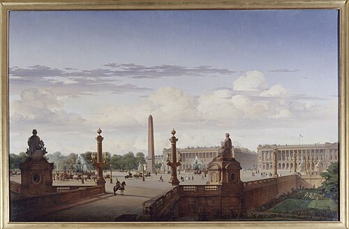 La place de la Concorde, vue de la terrasse du bord de l'eau ; le roi Louis-Philippe traverse la pla, 1846, Jean Charles Geslin