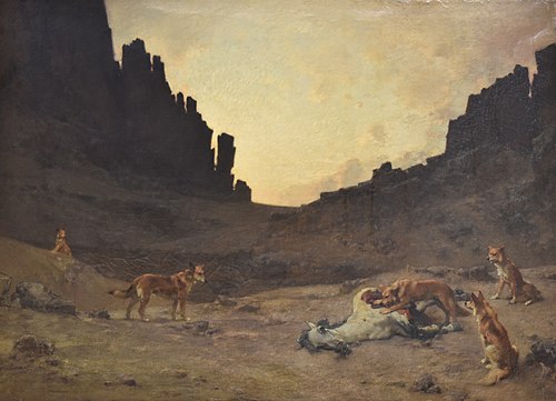 Chiens du Douar dévorant un cheval mort dans les gorges d'El Kantara, 1883, Gustave Guillaumet