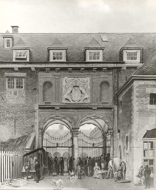 View of the entrance of the commodities exchange in Amsterdam, 1836, Valentijn Bing