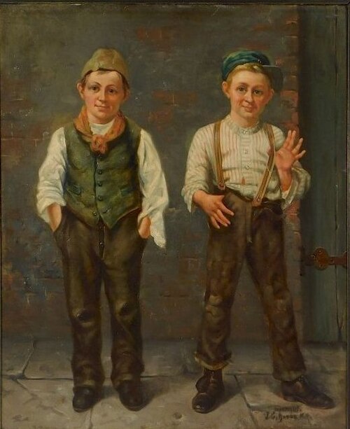 Two young boys standing on a cobblestone sidewalk against a wall near a green painted door, , John George Brown