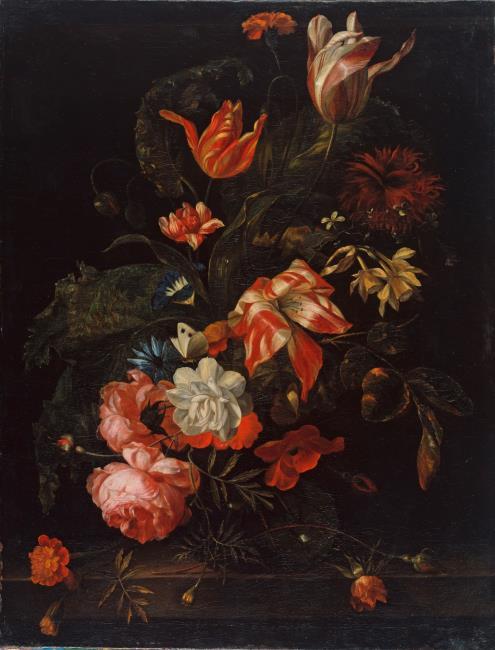 Flower bouquet on a plinth, 1680, Maria van Oosterwijk
